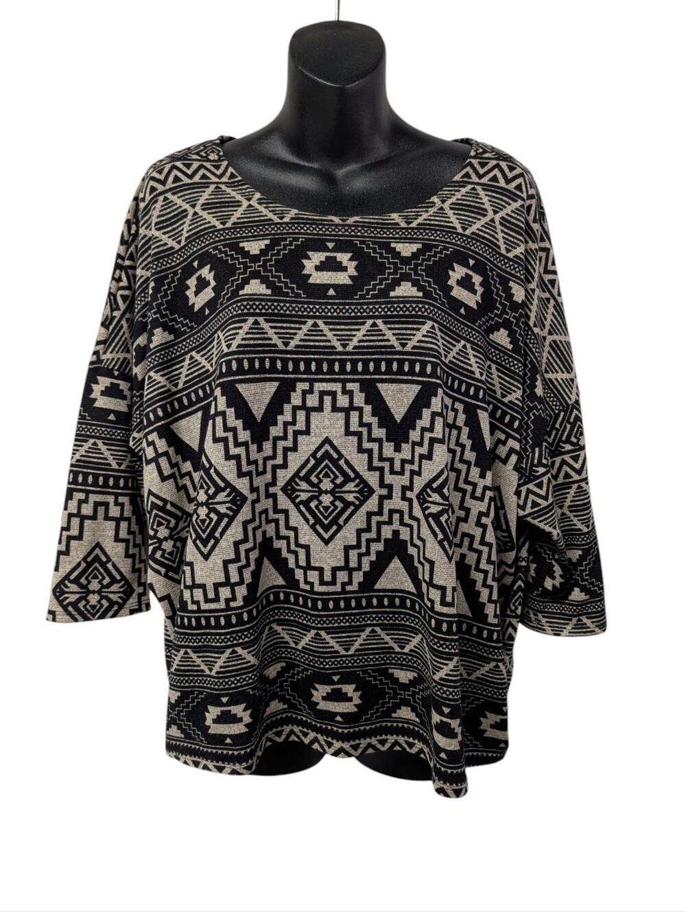 Zenobia Size L Black Beige Tribal Aztec Geometric Print Tunic Top 3/4 Sleeve